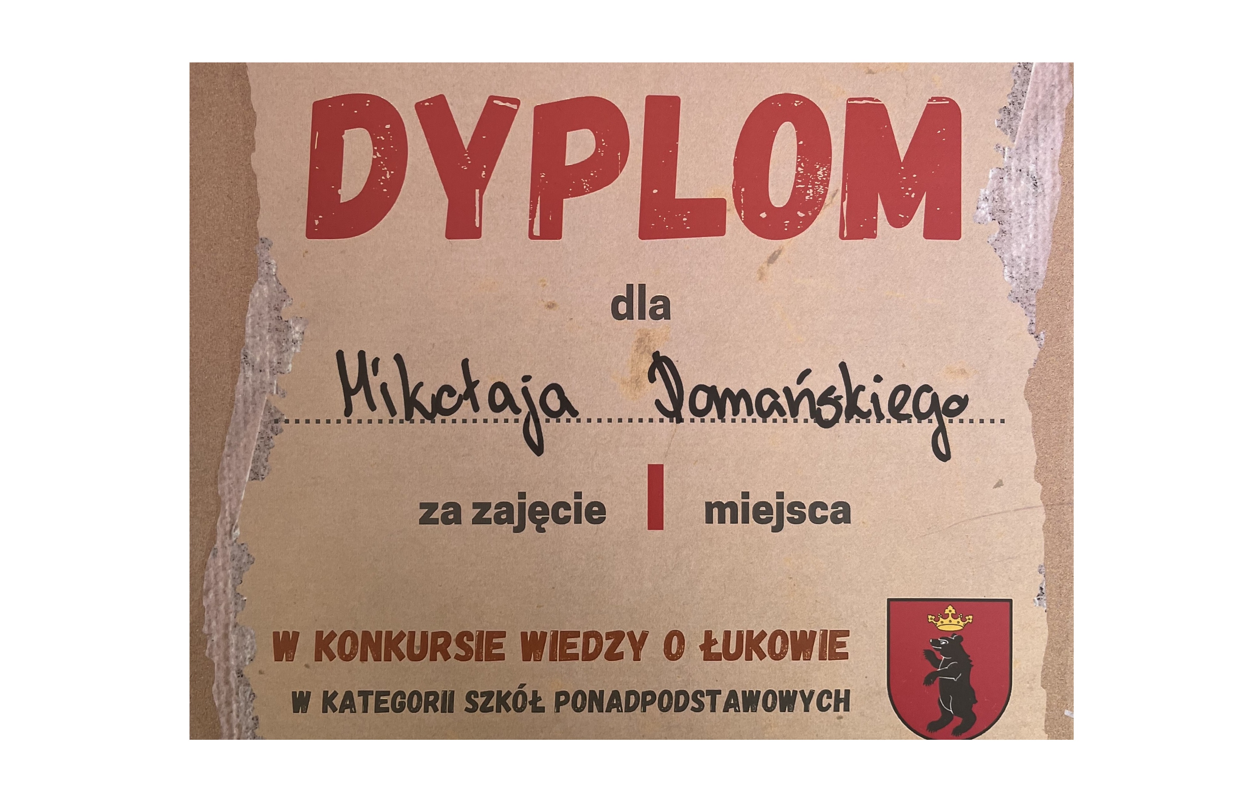 Mikołaj Domański uczeń Zespołu Szkół Nr 1 zwycięzcą 1 konkursu Wiedzy o Łukowie